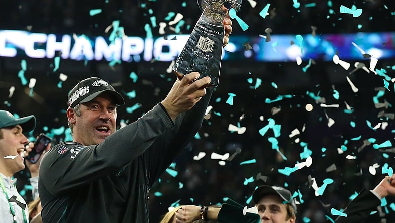Feb 4, 2018; Minneapolis, MN, USA; Philadelphia Eagles head coach Doug Pederson hoist the Vince Lombardi Trophy after a victory against the New England Patriots in Super Bowl LII at U.S. Bank Stadium. Mandatory Credit: Matthew Emmons-USA TODAY Sports