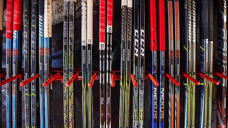 Mar 27, 2019; Calgary, Alberta, CAN; A general view of Calgary Flames hockey sticks during warm ups prior to the game against the Dallas Stars at Scotiabank Saddledome. Mandatory Credit: Sergei Belski-USA TODAY Sports