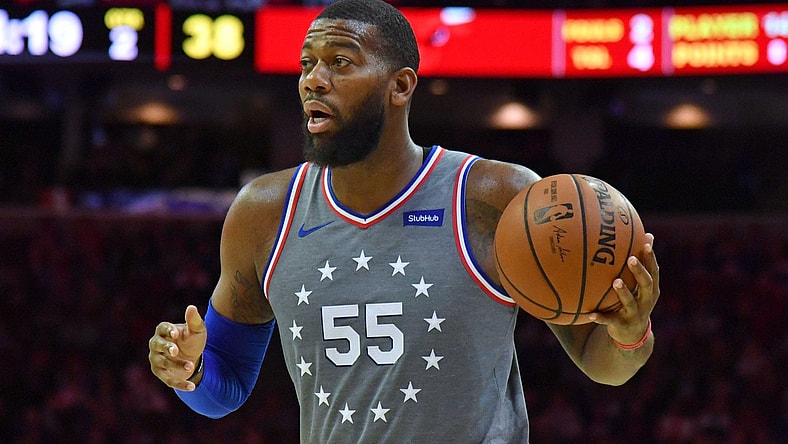 Apr 10, 2019; Philadelphia, PA, USA; Philadelphia 76ers center Greg Monroe (55) during the second quarter against the Chicago Bulls at Wells Fargo Center. Mandatory Credit: Eric Hartline-USA TODAY Sports