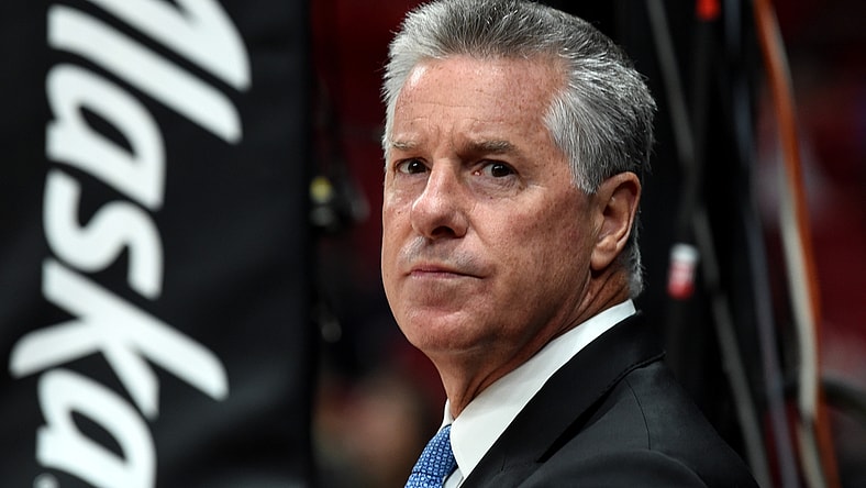Nov 8, 2019; Portland, OR, USA; Portland Trail Blazers General Manager Neil Olshey looks on during warm ups before the game against the Brooklyn Nets at Moda Center. Mandatory Credit: Steve Dykes-USA TODAY Sports
