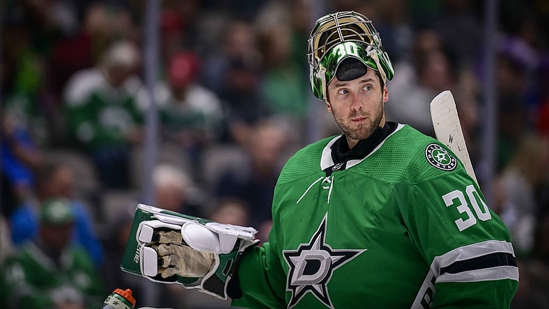 Dec 7, 2019; Dallas, TX, USA; Dallas Stars goaltender Ben Bishop (30) during the game between the Islanders and the Stars at the American Airlines Center. Mandatory Credit: Jerome Miron-USA TODAY Sports