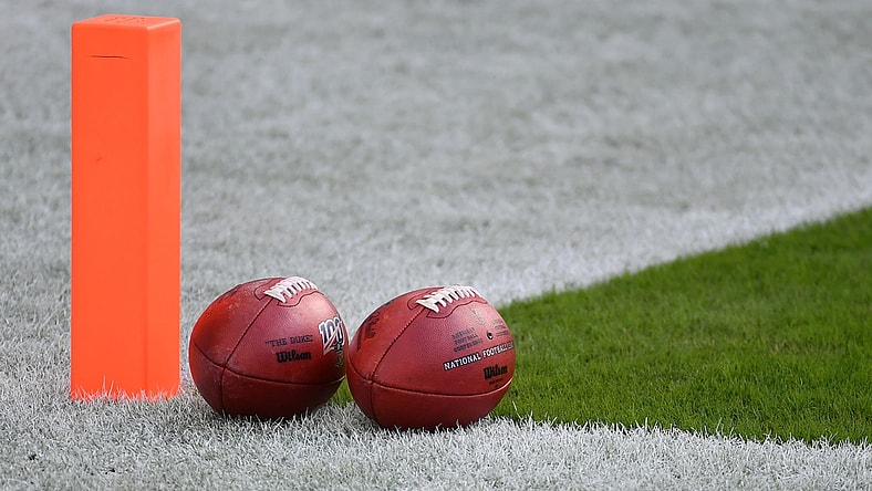 Nov 15, 2020; Miami Gardens, Florida, USA;  A general view of an end zone pylon and footballs on the field prior to the game between the Miami Dolphins and the Los Angeles Chargers at Hard Rock Stadium. Mandatory Credit: Jasen Vinlove-USA TODAY Sports