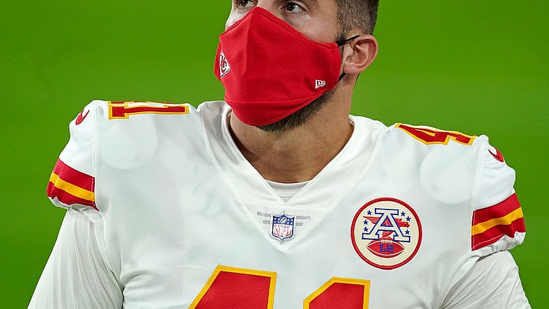 Nov 22, 2020; Paradise, Nevada, USA; Kansas City Chiefs long snapper James Winchester (41) is wearing mask before a game against the Las Vegas Raiders as the CDC recommends wearing masks to slow the spread of COVID-19. Everyone should wear a mask covering unless they are under 2 years of age, and or having a breathing problems at Allegiant Stadium. Mandatory Credit: Kirby Lee-USA TODAY Sports