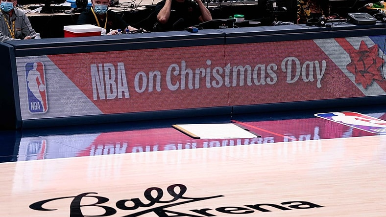 Dec 25, 2020; Denver, Colorado, USA; NBA on Christmas Day is displayed across the sideboards in the first quarter of the game between the Denver Nuggets and the Los Angeles Clippers at Ball Arena. Mandatory Credit: Isaiah J. Downing-USA TODAY Sports
