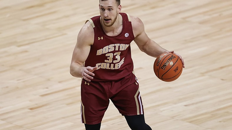 Mar 9, 2021; Greensboro, North Carolina, USA; Boston College Eagles forward James Karnik (33) runs the offense against the Duke Blue Devils in the first round of the 2021 ACC men's basketball tournament at Greensboro Coliseum. Mandatory Credit: Nell Redmond-USA TODAY Sports
