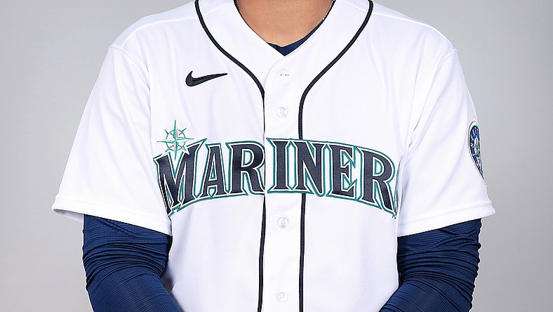 Mar 1, 2021; Peoria, AZ, USA; Seattle Mariners  Andres Munoz #54 poses during media day at the Peoria Sports Complex. Mandatory Credit: MLB photos via USA TODAY Sports