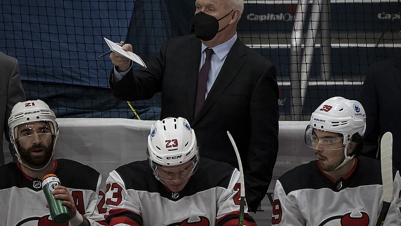 Mar 25, 2021; Washington, District of Columbia, USA; New Jersey Devils head coach Lindy Ruff looks on during the first period of the game against the Washington Capitals at Capital One Arena. Mandatory Credit: Scott Taetsch-USA TODAY Sports