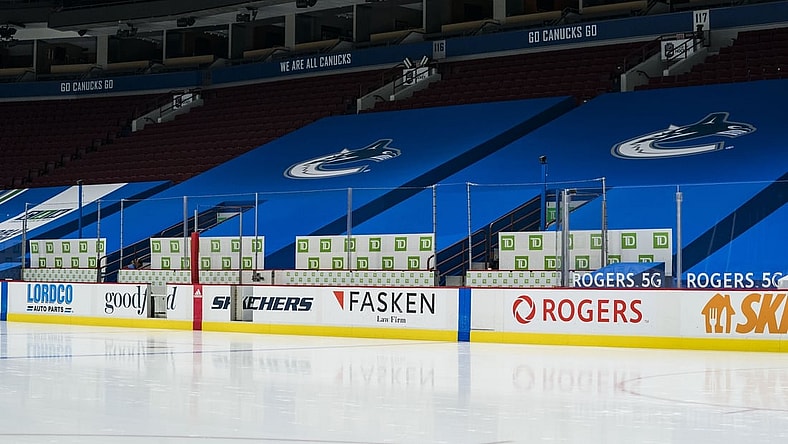 Mar 31, 2021; Vancouver, British Columbia, CAN; A general view of an empty Rogers Arena after the game between the Calgary Flames and Vancouver Canucks scheduled for Wednesday was postponed due to COVID-19. Mandatory Credit: Bob Frid-USA TODAY Sports
