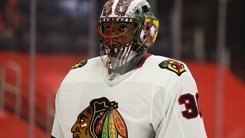 Apr 17, 2021; Detroit, Michigan, USA; Chicago Blackhawks goaltender Malcolm Subban (30) during the second period against the Detroit Red Wings at Little Caesars Arena. Mandatory Credit: Rick Osentoski-USA TODAY Sports