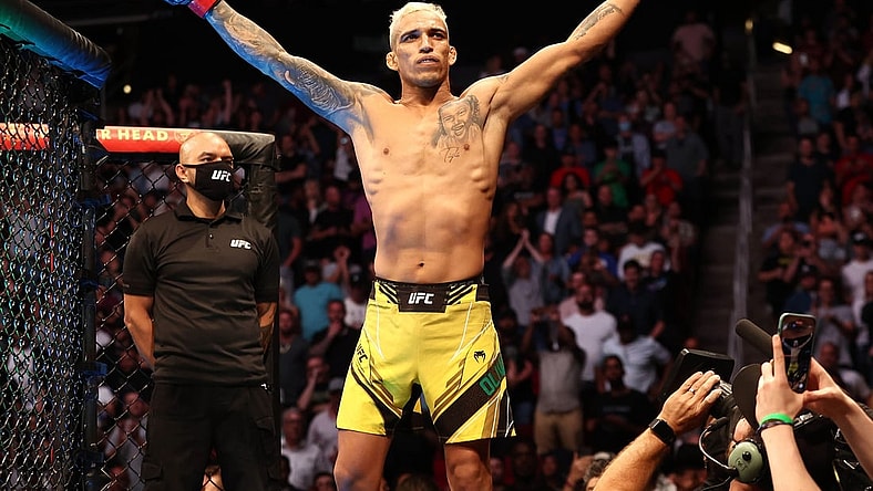 May 15, 2021; Houston, Texas, USA; Charles Oliveira reacts for his fight against Michael Chandler during UFC 262 at Toyota Center. Mandatory Credit: Troy Taormina-USA TODAY Sports