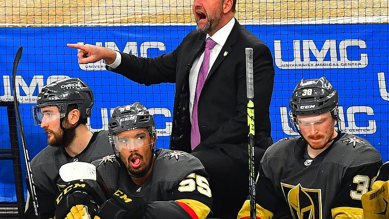 Jun 16, 2021; Las Vegas, Nevada, USA; Vegas Golden Knights head coach Pete DeBoer argues a call during the third period against the Montreal Canadiens in game two of the 2021 Stanley Cup Semifinals at T-Mobile Arena. Mandatory Credit: Stephen R. Sylvanie-USA TODAY Sports