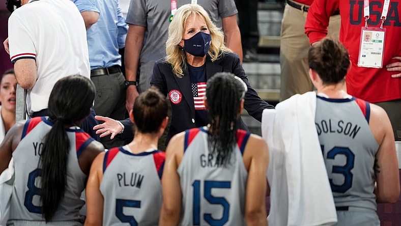 Jul 24, 2021; Tokyo, Japan; First Lady Jill Biden greets the USA team after they faced France in a 3x3 basketball game during the Tokyo 2020 Olympic Summer Games at Aomi Urban Sports Park. Mandatory Credit: Andrew Nelles-USA TODAY Network