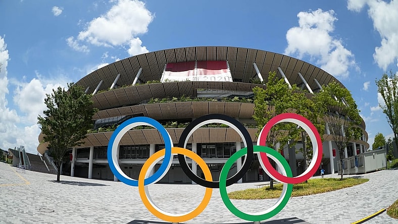 Jul 29, 2021; Tokyo, Japan; A general overall view of the Olympic rings outside of New National Stadium, the venue for track and field and opening and closing ceremonies during the Tokyo 2020 Olympic Summer Games. Mandatory Credit: Kirby Lee-USA TODAY Sports