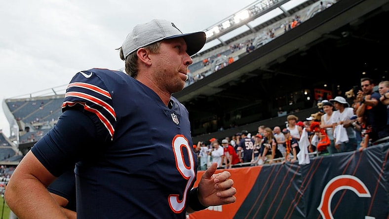 Aug 21, 2021; Chicago, Illinois, USA; Chicago Bears quarterback Nick Foles (9) walks off the field after the game against the Buffalo Bills at Soldier Field. Mandatory Credit: Jon Durr-USA TODAY Sports