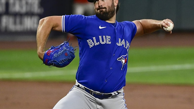 Sep 10, 2021; Baltimore, Maryland, USA;  Toronto Blue Jays starting pitcher Robbie Ray (38) delivers a first inning pitch against the Baltimore Orioles at Oriole Park at Camden Yards. Mandatory Credit: Tommy Gilligan-USA TODAY Sports
