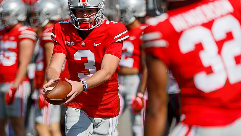 Ohio State Buckeyes quarterback Quinn Ewers (3) warms ups prior to the NCAA football game against the Tulsa Golden Hurricane at Ohio Stadium in Columbus on Saturday, Sept. 18, 2021Tulsa At Ohio State Football