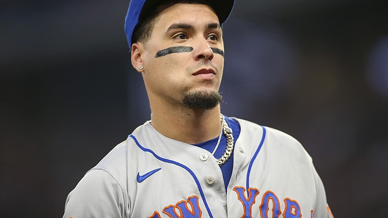 Oct 1, 2021; Atlanta, Georgia, USA; New York Mets shortstop Javier Baez (23) in action against the Atlanta Braves in the second inning at Truist Park. Mandatory Credit: Brett Davis-USA TODAY Sports