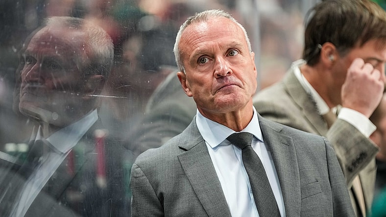 Oct 4, 2021; Saint Paul, Minnesota, USA; Minnesota Wild head coach Dean Evason looks on during the second period against the Colorado Avalanche at Xcel Energy Center. Mandatory Credit: Brace Hemmelgarn-USA TODAY Sports