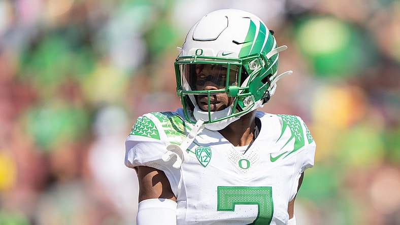 Oct 2, 2021; Stanford, California, USA;  Oregon Ducks cornerback Mykael Wright (2) during the first quarter against the Stanford Cardinal at Stanford Stadium. Mandatory Credit: Stan Szeto-USA TODAY Sports