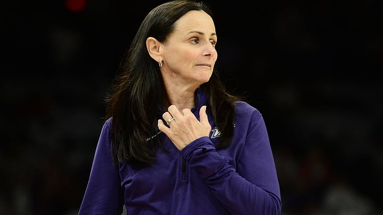 Oct 10, 2021; Phoenix, Arizona, USA; Phoenix Mercury head coach Sandy Brondello looks on against the Chicago Sky during the first half of game one of the 2021 WNBA Finals at Footprint Center. Mandatory Credit: Joe Camporeale-USA TODAY Sports