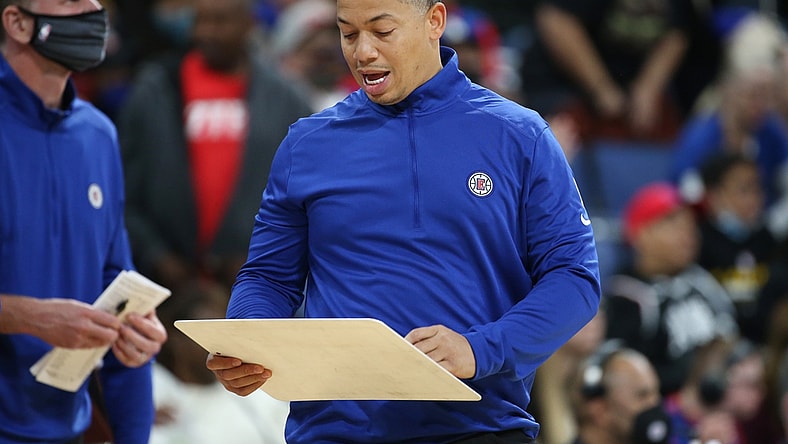 Oct 11, 2021; Ontario, California, USA; Los Angeles Clippers head coach Tyronn Lue reacts during a game against the Minnesota Timberwolves at Toyota Arena. The Timberwolves won 128-100. Mandatory Credit: Kiyoshi Mio-USA TODAY Sports