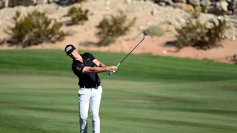 Oct 15, 2021; Las Vegas, Nevada, USA; Viktor Hovland hits on the first fairway during the second round of the CJ Cup golf tournament at The Summit Club. Mandatory Credit: Joe Camporeale-USA TODAY Sports