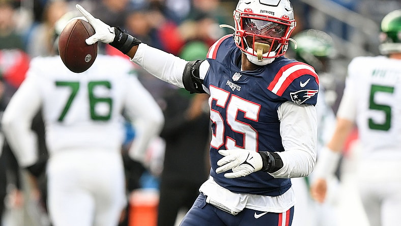 Oct 24, 2021; Foxborough, Massachusetts, USA; New England Patriots linebacker Josh Uche (55) reacts after recovering a fumble against the New York Jets during the second half at Gillette Stadium. Mandatory Credit: Brian Fluharty-USA TODAY Sports