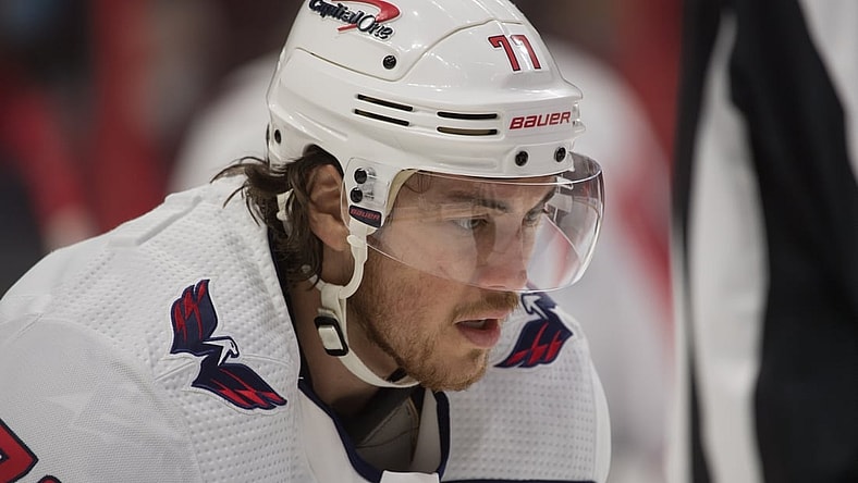 Oct 25, 2021; Ottawa, Ontario, CAN; Washington Capitals right wing T.J. Oshie (77) looks on in the second period against the Ottawa Senators at the Canadian Tire Centre. Mandatory Credit: Marc DesRosiers-USA TODAY Sports
