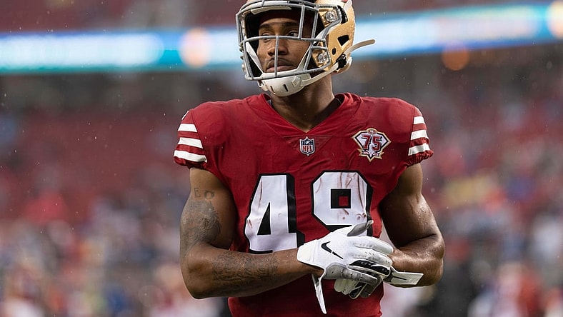 Oct 24, 2021; Santa Clara, California, USA;  San Francisco 49ers running back Trenton Cannon (49) before the start of the game against the Indianapolis Colts at Levi's Stadium. Mandatory Credit: Stan Szeto-USA TODAY Sports