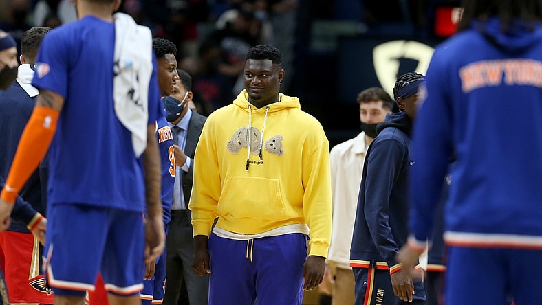 Oct 30, 2021; New Orleans, Louisiana, USA; New Orleans Pelicans forward Zion Williamson walks onto the court at the end of their game against the New York Knicks at the Smoothie King Center. Mandatory Credit: Chuck Cook-USA TODAY Sports