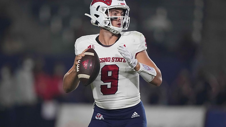 Oct 30, 2021; Carson, California, USA; Fresno State Bulldogs quarterback Jake Haener (9) throws the ball against the San Diego State Aztecs in the first half at Dignity Health Sports Park. Mandatory Credit: Kirby Lee-USA TODAY Sports