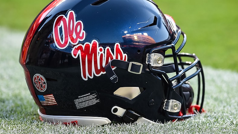 Oct 16, 2021; Knoxville, Tennessee, USA; Mississippi Rebels helmet on the field before a game between the Tennessee Volunteers and Mississippi Rebels at Neyland Stadium. Mandatory Credit: Bryan Lynn-USA TODAY Sports