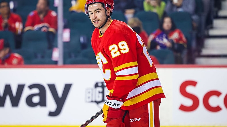 Nov 2, 2021; Calgary, Alberta, CAN; Calgary Flames center Dillon Dube (29) against the Nashville Predators during the first period at Scotiabank Saddledome. Mandatory Credit: Sergei Belski-USA TODAY Sports