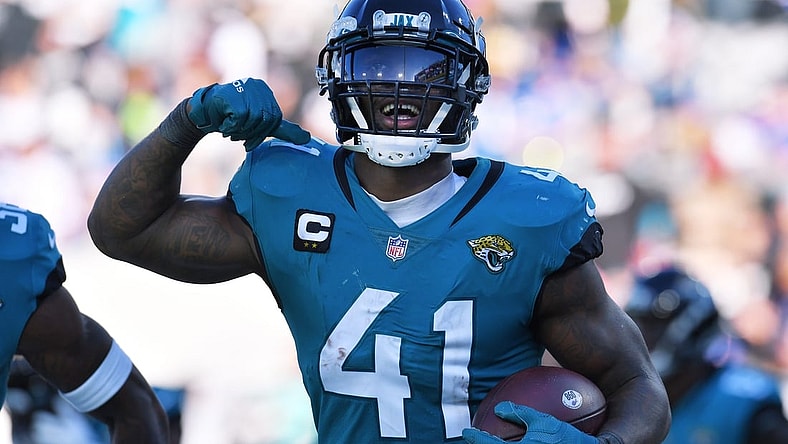 Jacksonville Jacksonville Jaguars linebacker Josh Allen (41) celebrates after he intercepted an errant pass from Buffalo Bills quarterback Josh Allen (17) during late third quarter action. The Jaguars were tied with the Bills 6 to 6 at the end of the first half and went on to win the game with a final score of 9 to 6. The Jacksonville Jaguars hosted the Buffalo Bills at TIAA Bank Field in Jacksonville, FL, Sunday, November 7, 2021. [Bob Self/Florida Times-Union]

Jki 110721 Bsjagsvsbuffalo 41