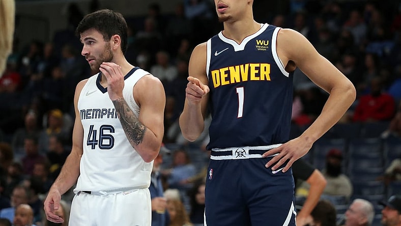 Nov 1, 2021; Memphis, Tennessee, USA; Denver Nuggets forward Michael Porter Jr. (1) gives direction before a free throw during the first half at FedExForum. Mandatory Credit: Petre Thomas-USA TODAY Sports
