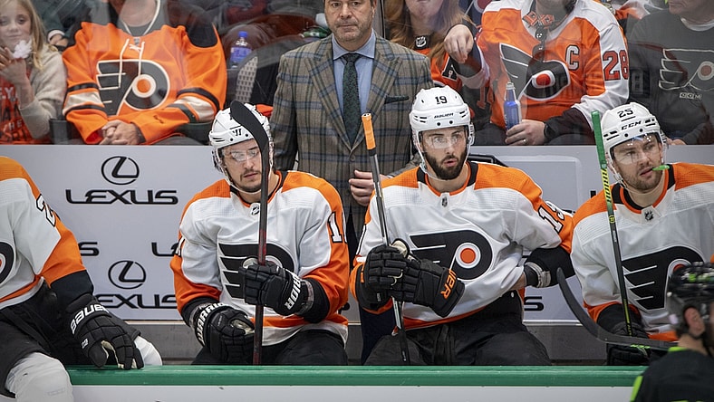 Nov 13, 2021; Dallas, Texas, USA; Philadelphia Flyers head coach Alain Vigneault watches his team take on the Dallas Stars during the third period at the American Airlines Center. Mandatory Credit: Jerome Miron-USA TODAY Sports