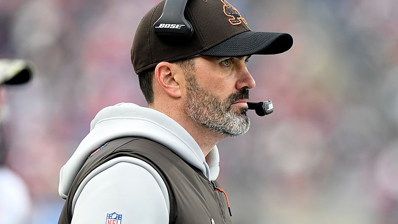 Nov 14, 2021; Foxborough, Massachusetts, USA; Cleveland Browns head coach Kevin Stefanski watches a play against the New England Patriots during the second half at Gillette Stadium. Mandatory Credit: Brian Fluharty-USA TODAY Sports