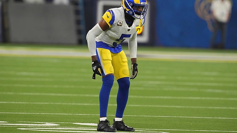 Nov 7, 2021; Inglewood, California, USA; Los Angeles Rams cornerback Jalen Ramsey (5) during the game against the Tennessee Titans at SoFi Stadium. The Titans defeated the Rams 28-16. Mandatory Credit: Kirby Lee-USA TODAY Sports