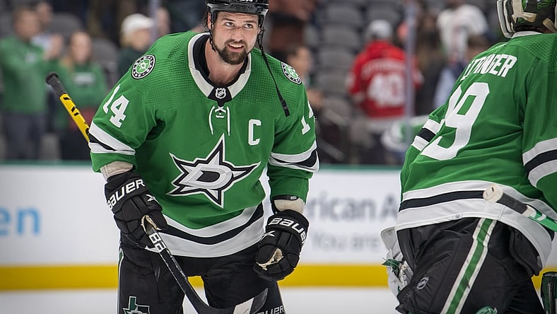 Nov 16, 2021; Dallas, Texas, USA; Dallas Stars left wing Jamie Benn (14) skates off the ice after the the win over the Detroit Red Wings at the American Airlines Center. Mandatory Credit: Jerome Miron-USA TODAY Sports