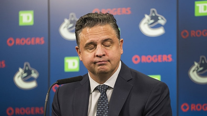Nov 17, 2021; Vancouver, British Columbia, CAN; Vancouver Canucks head coach Travis Green addresses the media in the post game press conference after the Canucks suffered their fifth straight loss after a game against the Colorado Avalanche at Rogers Arena. Colorado won 4-2. Mandatory Credit: Bob Frid-USA TODAY Sports