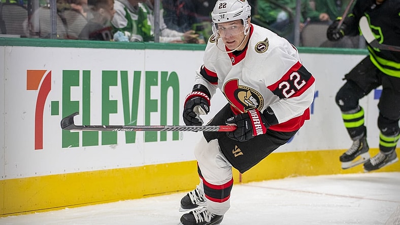 Oct 29, 2021; Dallas, Texas, USA; Ottawa Senators defenseman Nikita Zaitsev (22) in action during the game between the Dallas Stars and the Ottawa Senators at the American Airlines Center. Mandatory Credit: Jerome Miron-USA TODAY Sports