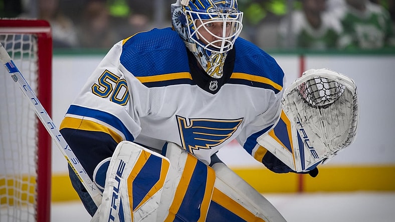 Nov 20, 2021; Dallas, Texas, USA; St. Louis Blues goaltender Jordan Binnington (50) faces the Dallas Stars attack during the second period at the American Airlines Center. Mandatory Credit: Jerome Miron-USA TODAY Sports