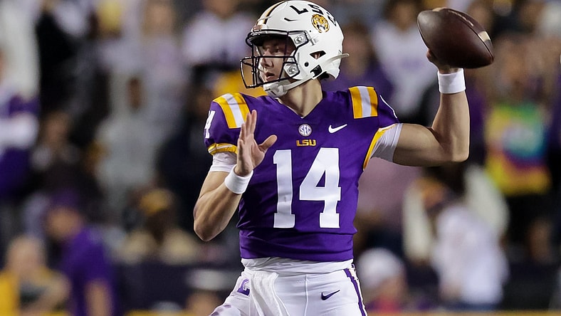 Nov 20, 2021; Baton Rouge, Louisiana, USA;  LSU Tigers quarterback Max Johnson (14) passes the ball against Louisiana Monroe Warhawks during the first half at Tiger Stadium. Mandatory Credit: Stephen Lew-USA TODAY Sports