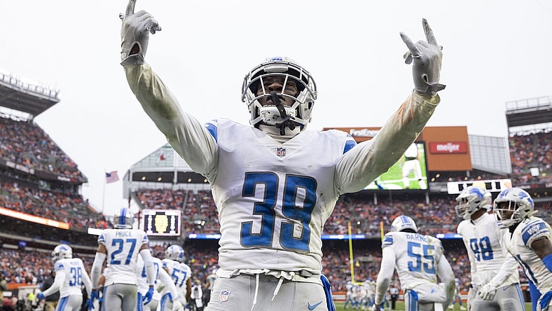 Nov 21, 2021; Cleveland, Ohio, USA; Detroit Lions cornerback Jerry Jacobs (39) celebrates the team   s interception against the Cleveland Browns during the fourth quarter at FirstEnergy Stadium. Mandatory Credit: Scott Galvin-USA TODAY Sports