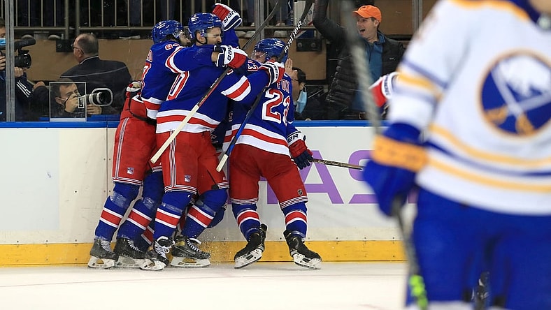 Nov 21, 2021; New York, New York, USA; New York Rangers defenseman Ryan Lindgren (55) celebrates his go-ahead goal with one second left against the Buffalo Sabres during the third period at Madison Square Garden. Mandatory Credit: Danny Wild-USA TODAY Sports