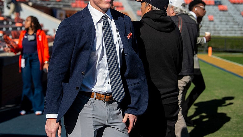 Auburn Tigers quarterback Bo Nix (10) walks the field before taking on Mississippi State Bulldogs at Jordan-Hare Stadium in Auburn, Ala., on Saturday, Nov. 13, 2021.