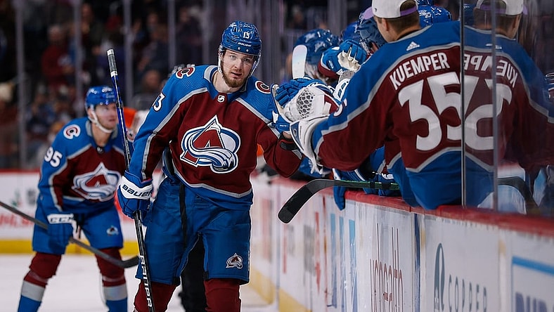 Nov 24, 2021; Denver, Colorado, USA; Colorado Avalanche right wing Valeri Nichushkin (13) celebrates with the bench after his goal in the third period against the Anaheim Ducks at Ball Arena. Mandatory Credit: Isaiah J. Downing-USA TODAY Sports