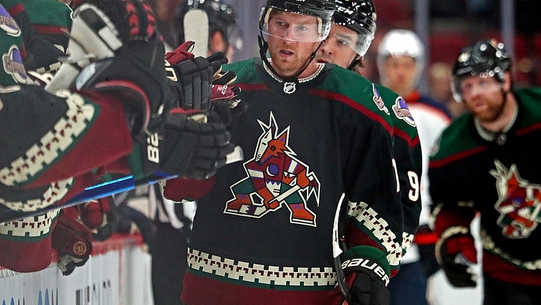 Nov 24, 2021; Glendale, Arizona, USA; Arizona Coyotes center Travis Boyd (72) celebrates after scoring a goal during the third period against the Edmonton Oilers at Gila River Arena. Mandatory Credit: Mark J. Rebilas-USA TODAY Sports
