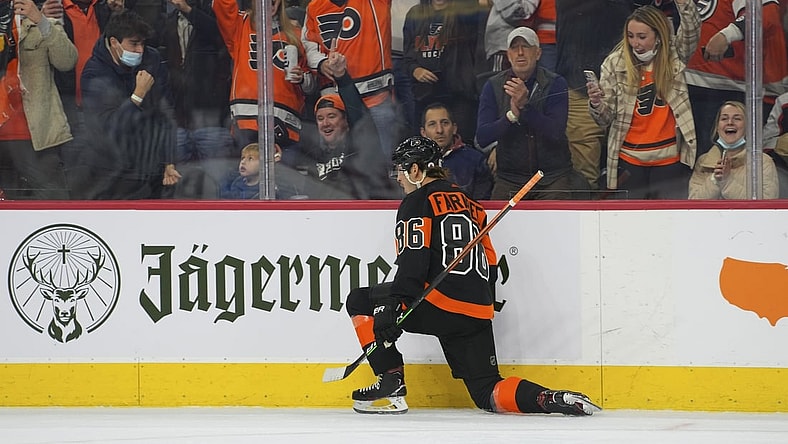 Nov 26, 2021; Philadelphia, Pennsylvania, USA; Philadelphia Flyers left wing Joel Farabee (86) reacts after scoring a goal against the Carolina Hurricanes in the first period at the Wells Fargo Center. Mandatory Credit: Mitchell Leff-USA TODAY Sports