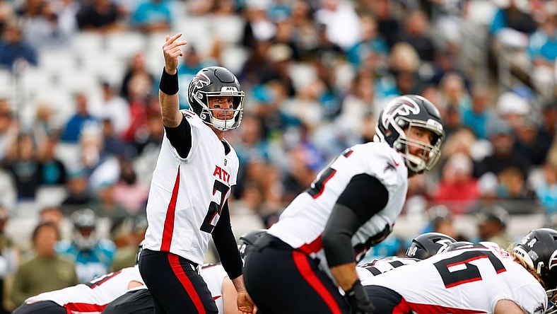 Nov 28, 2021; Jacksonville, Florida, USA;  Atlanta Falcons quarterback Matt Ryan (2) calls a play at the line against the Jacksonville Jaguars in the first quarter at TIAA Bank Field. Mandatory Credit: Nathan Ray Seebeck-USA TODAY Sports